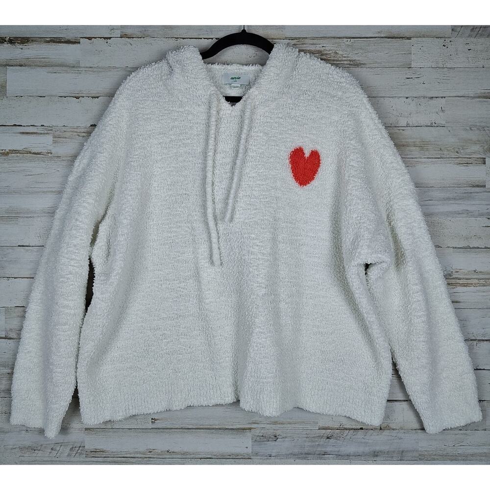 AERIE Women's Hooded White Sweatshirt Red Heart Detail Fleece Size Large